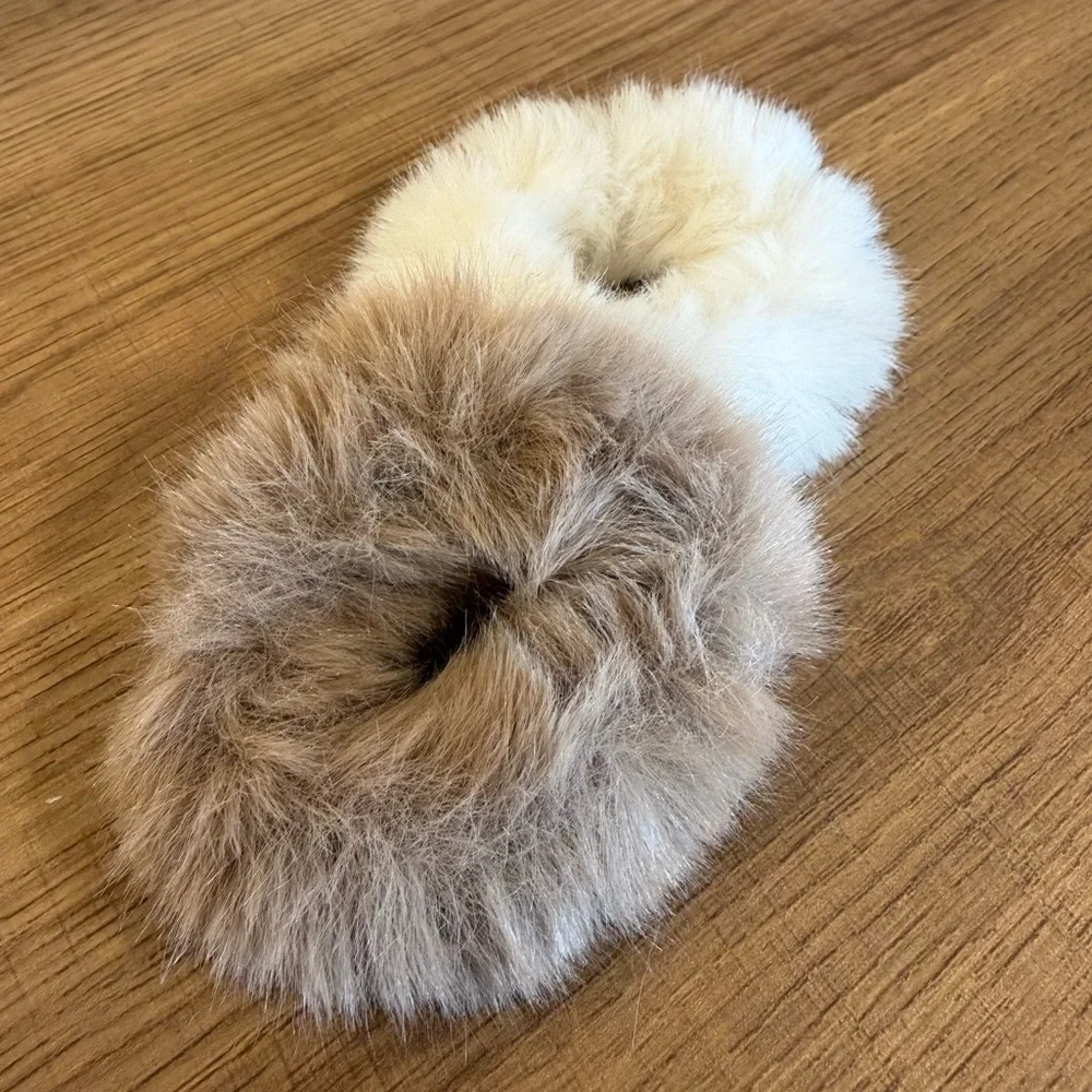 Fuzzy Scrunchie Bundle - Neutral Faux Fur Hair Accessories (2 pcs)
